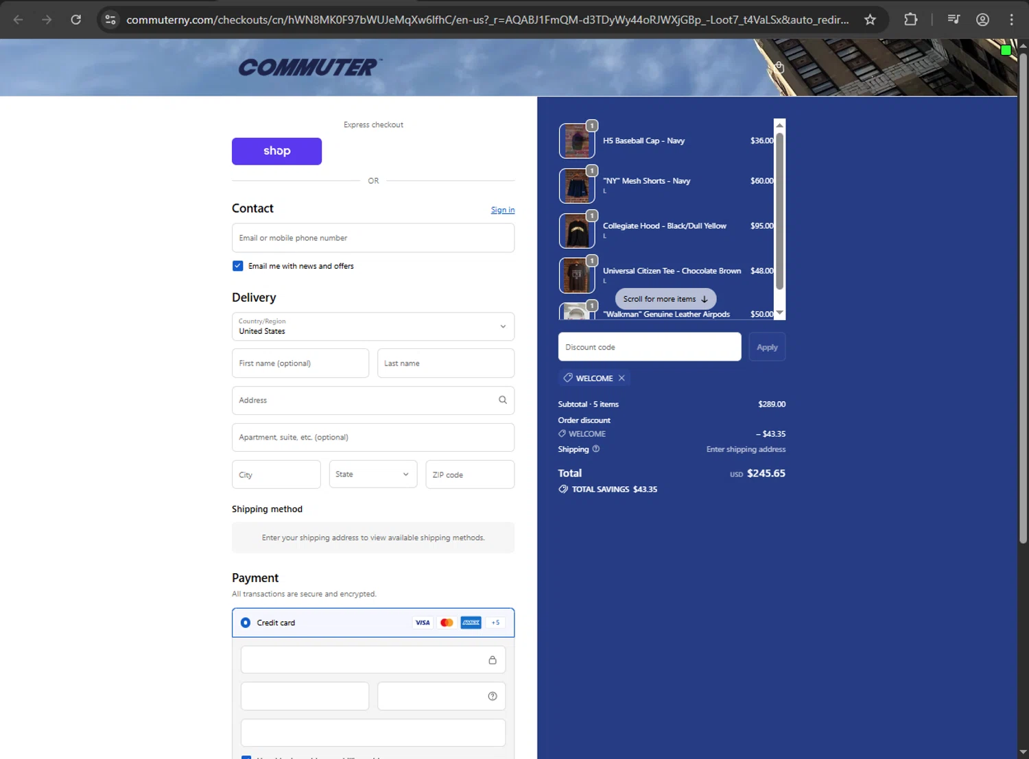 Commuter NY promo code screenshot showing code WELCOME applied at Commuter NY checkout page. Uploaded by SimplyCodes community member webiwabo on Feb 3, 2026