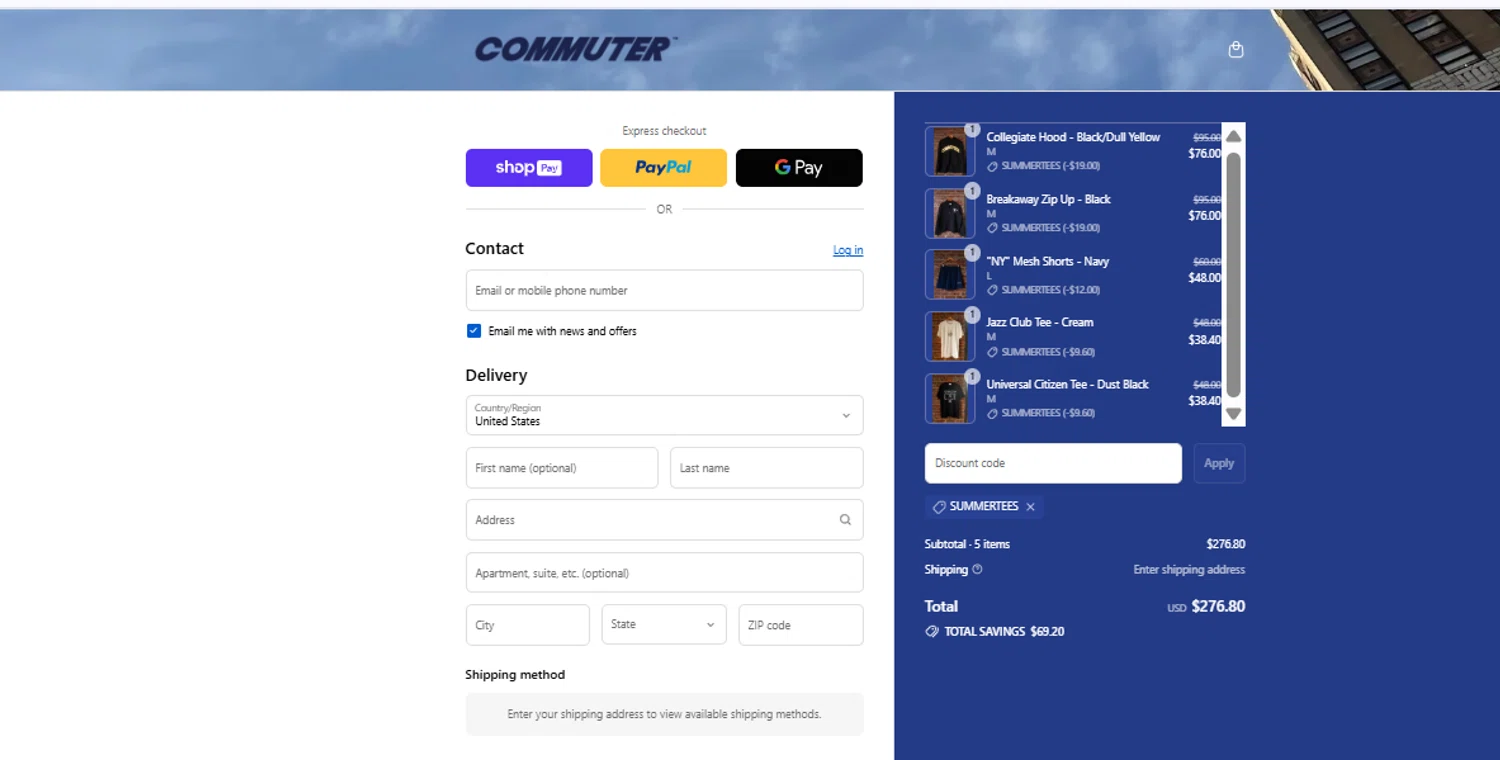 Commuter NY promo code screenshot showing code SUMMERTEES applied at Commuter NY checkout page. Uploaded by SimplyCodes community member ExtraordinarySeeker9807 on Aug 15, 2025