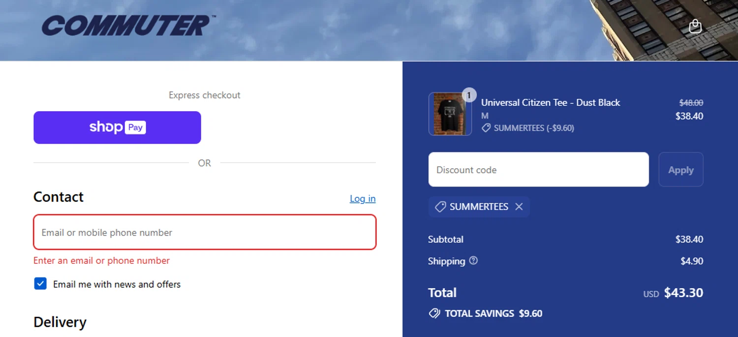 Commuter NY promo code screenshot showing code SUMMERTEES applied at Commuter NY checkout page. Uploaded by SimplyCodes community member alfonsobriceo on Aug 15, 2025