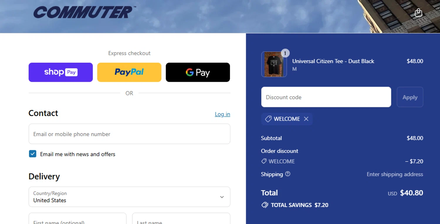 Commuter NY promo code screenshot showing code WELCOME applied at Commuter NY checkout page. Uploaded by SimplyCodes community member alfonsobriceo on Aug 13, 2025