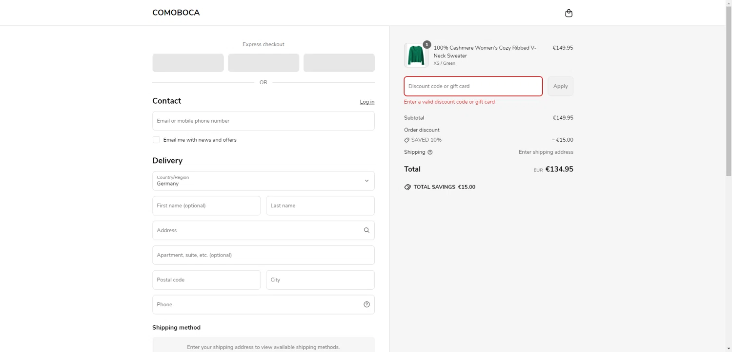 Comoboca promo code screenshot showing code COMOBOCA applied at Comoboca checkout page. Uploaded by SimplyCodes community member ScanRanger3503 on Jun 11, 2025