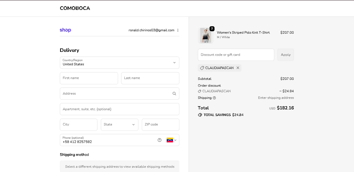 Comoboca promo code screenshot showing code CLAUDIAPASCAN applied at Comoboca checkout page. Uploaded by SimplyCodes community member CleverGenius9882 on Dec 16, 2025
