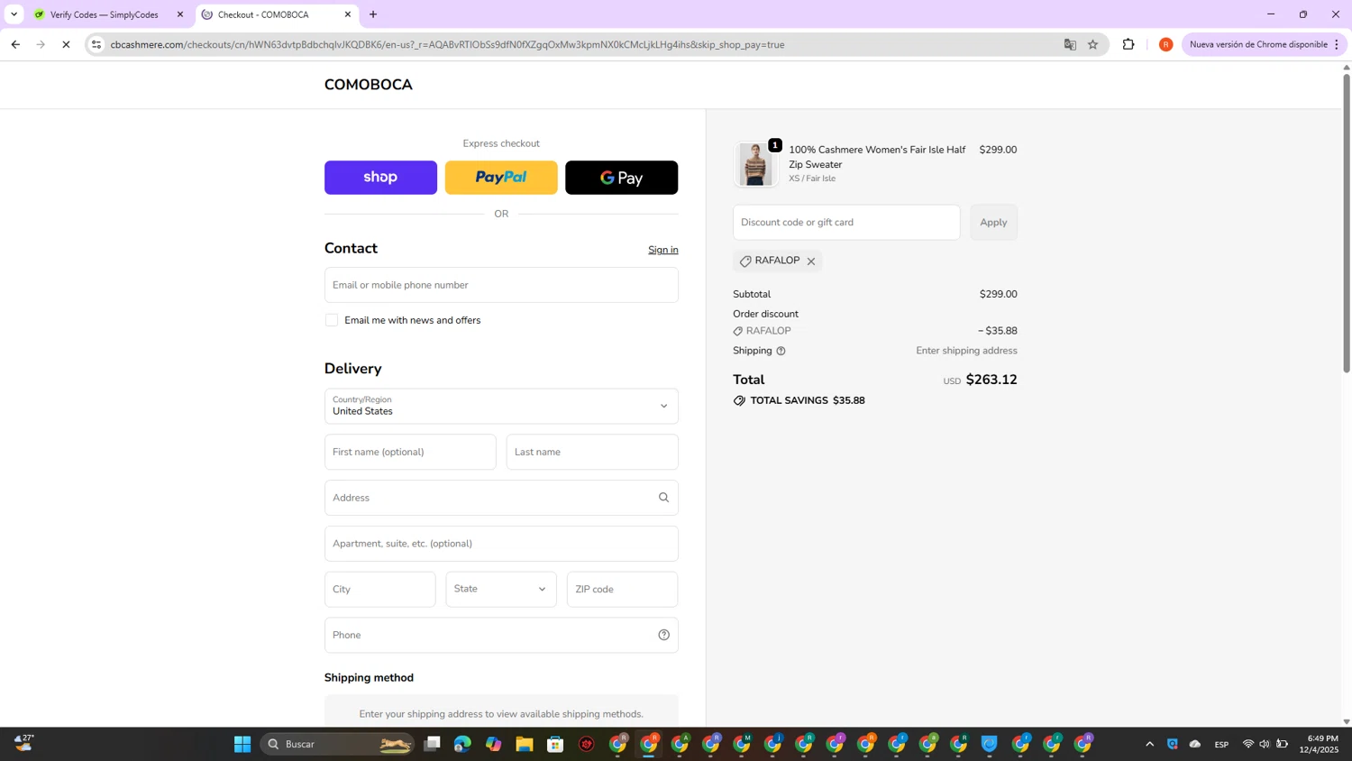 Comoboca promo code screenshot showing code RAFALOP applied at Comoboca checkout page. Uploaded by SimplyCodes community member DealVirtuoso2241 on Dec 4, 2025