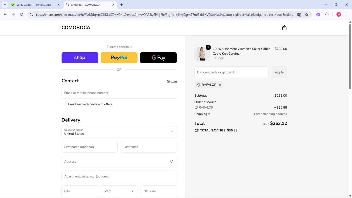 Comoboca promo code screenshot showing code RAFALOP applied at Comoboca checkout page. Uploaded by SimplyCodes community member ValueCollector4159 on Dec 10, 2025