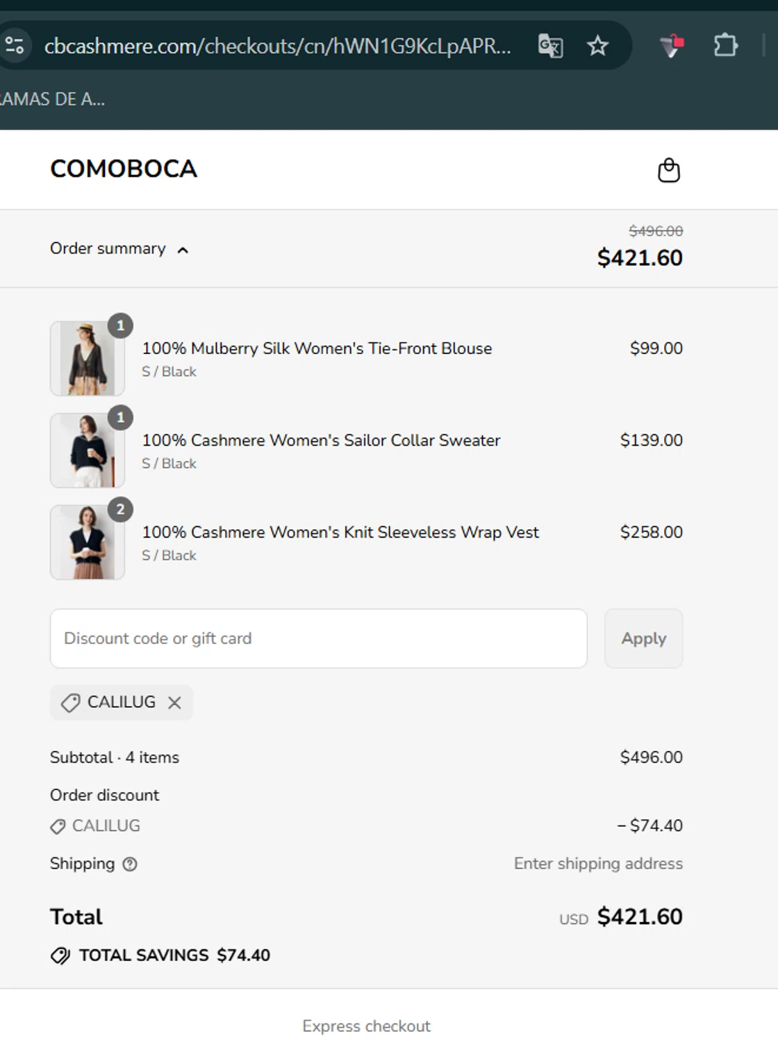 Comoboca promo code screenshot showing code CALILUG applied at Comoboca checkout page. Uploaded by SimplyCodes community member Lacalix on Jul 31, 2025