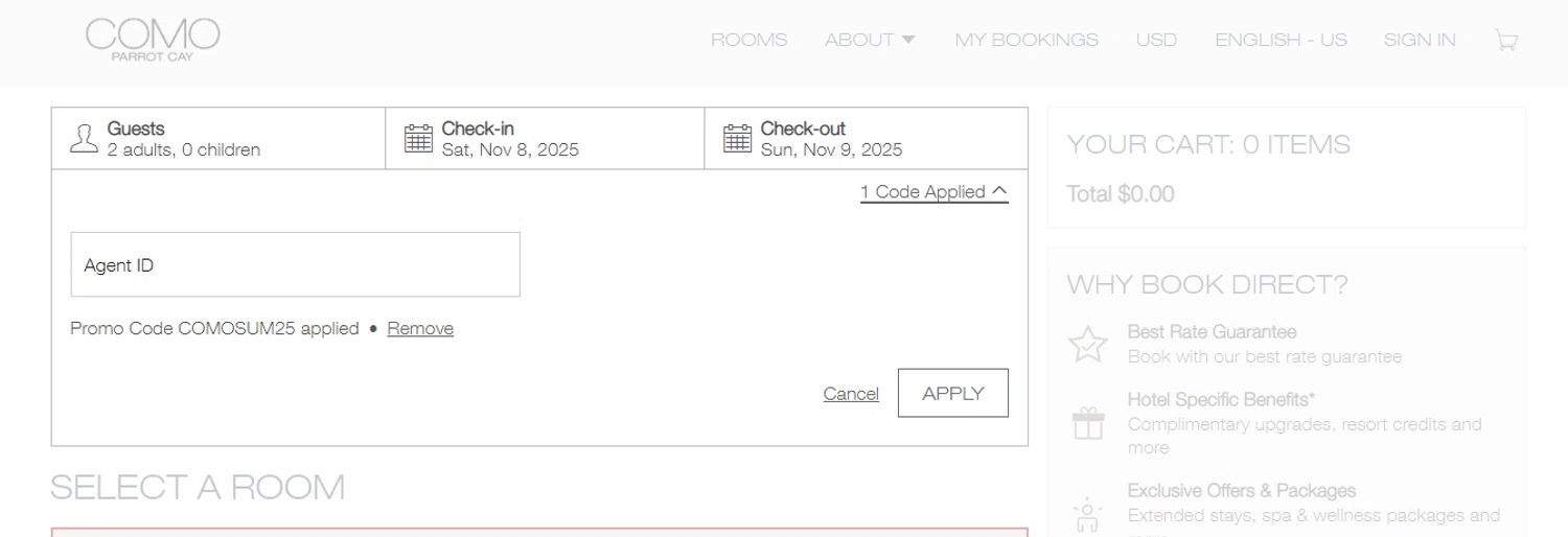 Como Hotels and Resorts promo code screenshot showing code COMOSUM25 applied at Como Hotels and Resorts checkout page. Uploaded by SimplyCodes community member obito1234 on Nov 8, 2025