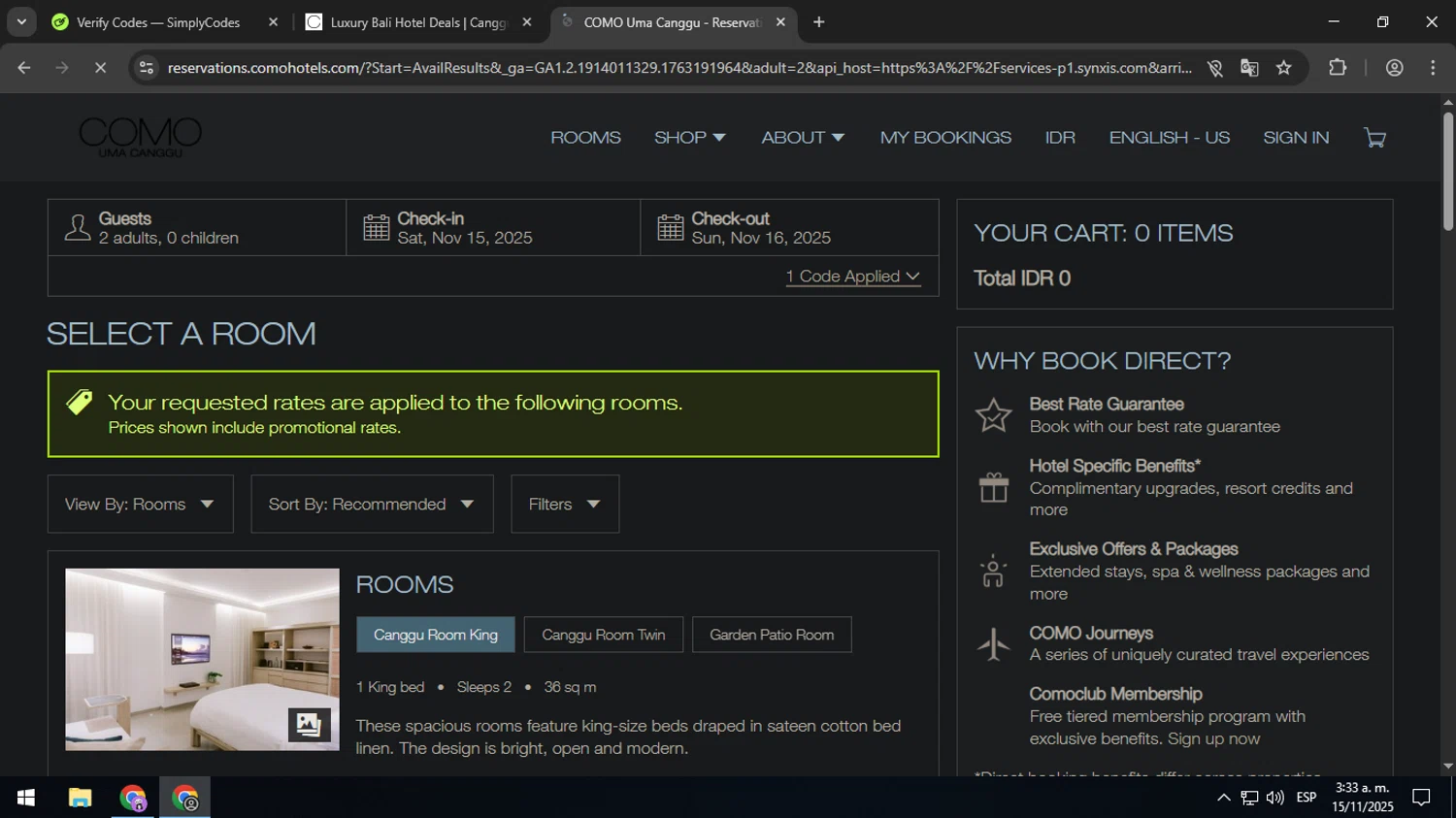 Como Hotels and Resorts checkout page showing Como Hotels and Resorts promo code box | Screenshot taken by SimplyCodes community member on Nov 15, 2025
