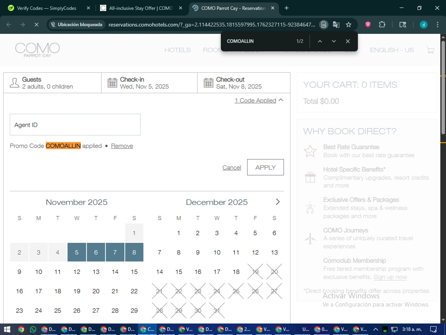 Como Hotels and Resorts promo code screenshot showing code COMOALLIN applied at Como Hotels and Resorts checkout page. Uploaded by SimplyCodes community member CodeMaverick5767 on Nov 5, 2025