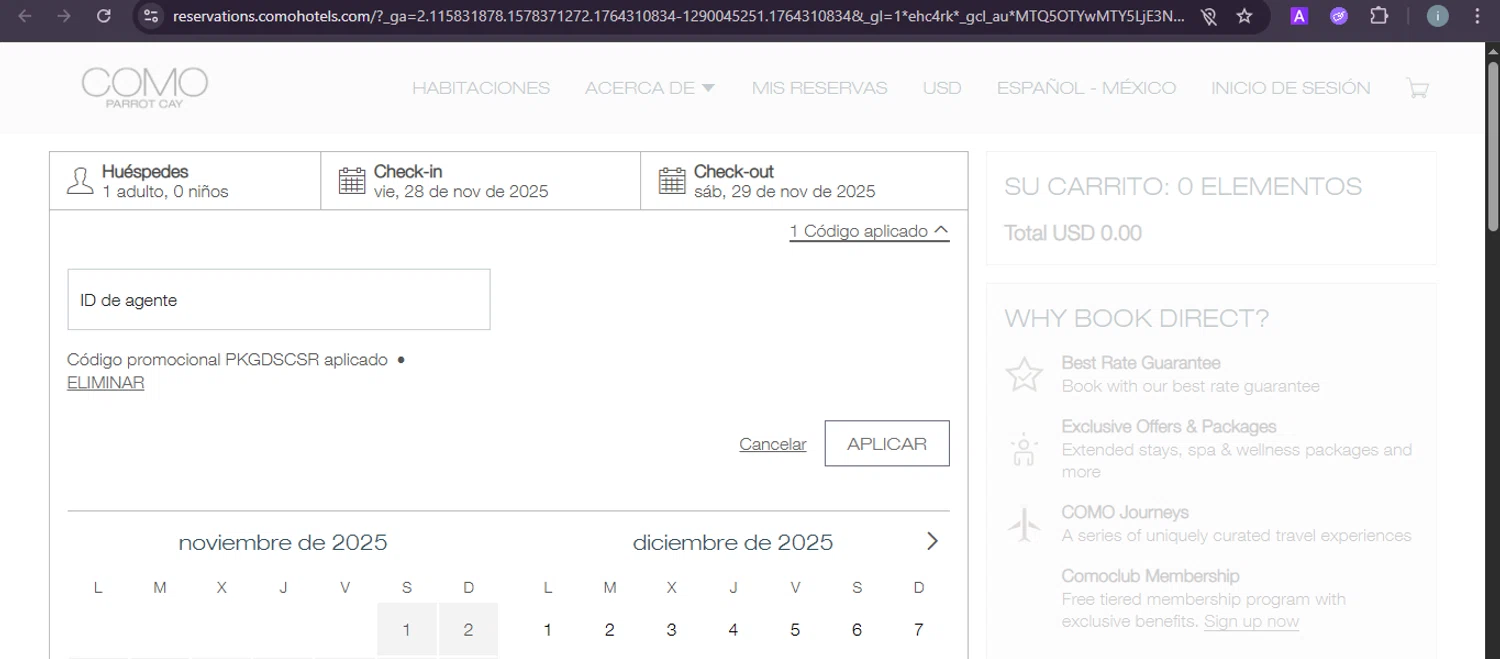 Como Hotels and Resorts promo code screenshot showing code PKGDSCSR applied at Como Hotels and Resorts checkout page. Uploaded by SimplyCodes community member PrimeSentinel5869 on Nov 28, 2025