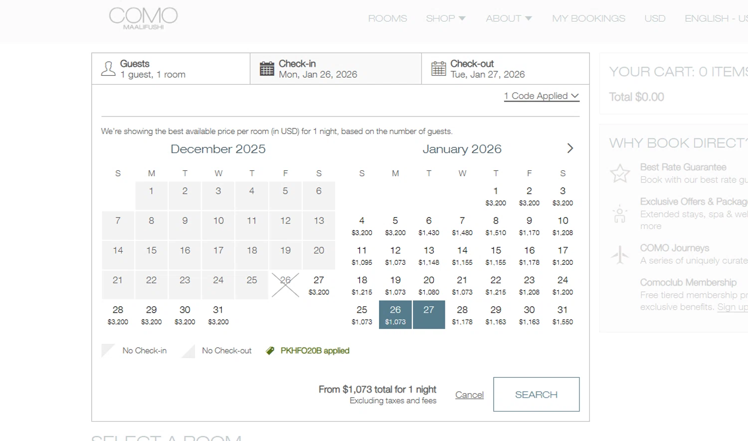 Como Hotels and Resorts promo code screenshot showing code PKHFO20B applied at Como Hotels and Resorts checkout page. Uploaded by SimplyCodes community member fettywap on Dec 26, 2025
