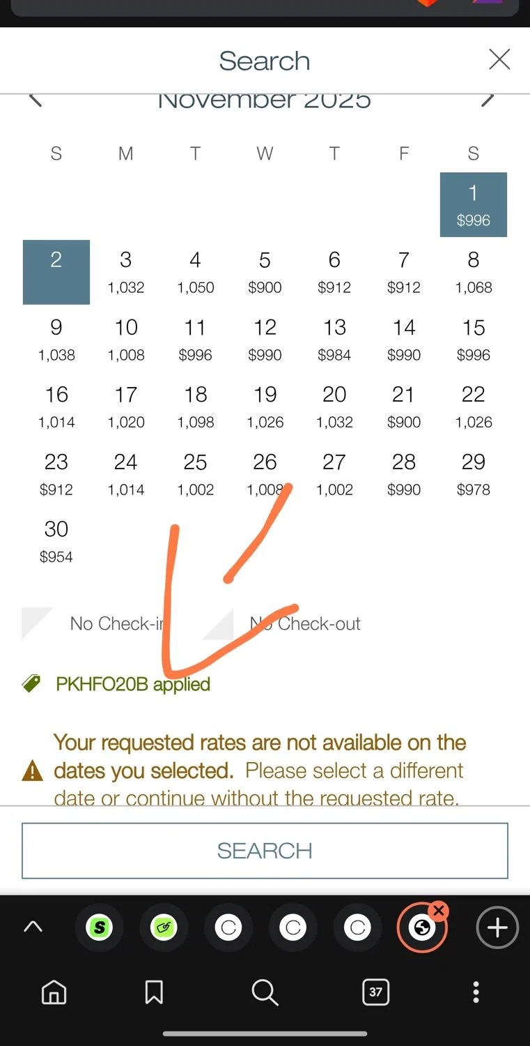 Como Hotels and Resorts promo code screenshot showing code PKHFO20B applied at Como Hotels and Resorts checkout page. Uploaded by SimplyCodes community member Dejadepicharme on Oct 29, 2025