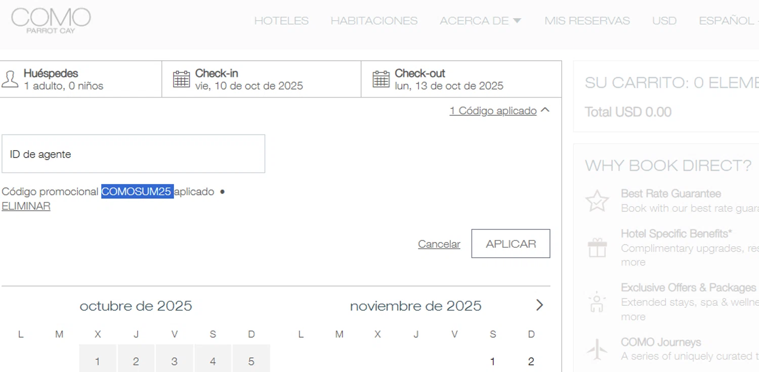 Como Hotels and Resorts promo code screenshot showing code PKGDSCSR applied at Como Hotels and Resorts checkout page. Uploaded by SimplyCodes community member Dejadepicharme on Oct 10, 2025