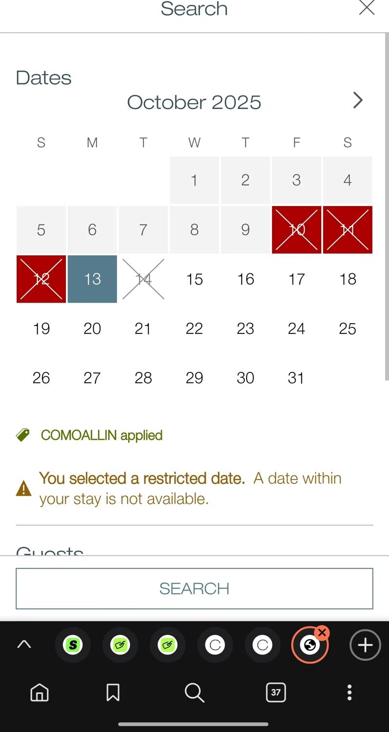 Como Hotels and Resorts promo code screenshot showing code COMOALLIN applied at Como Hotels and Resorts checkout page. Uploaded by SimplyCodes community member Dejadepicharme on Oct 10, 2025