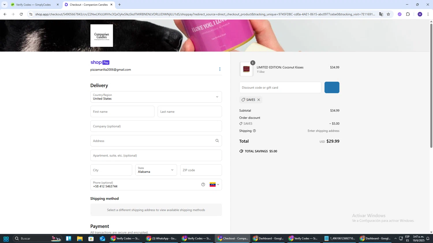 Companion Candles promo code screenshot showing code Save5 applied at Companion Candles checkout page. Uploaded by SimplyCodes community member CRF250CC on Jun 19, 2025