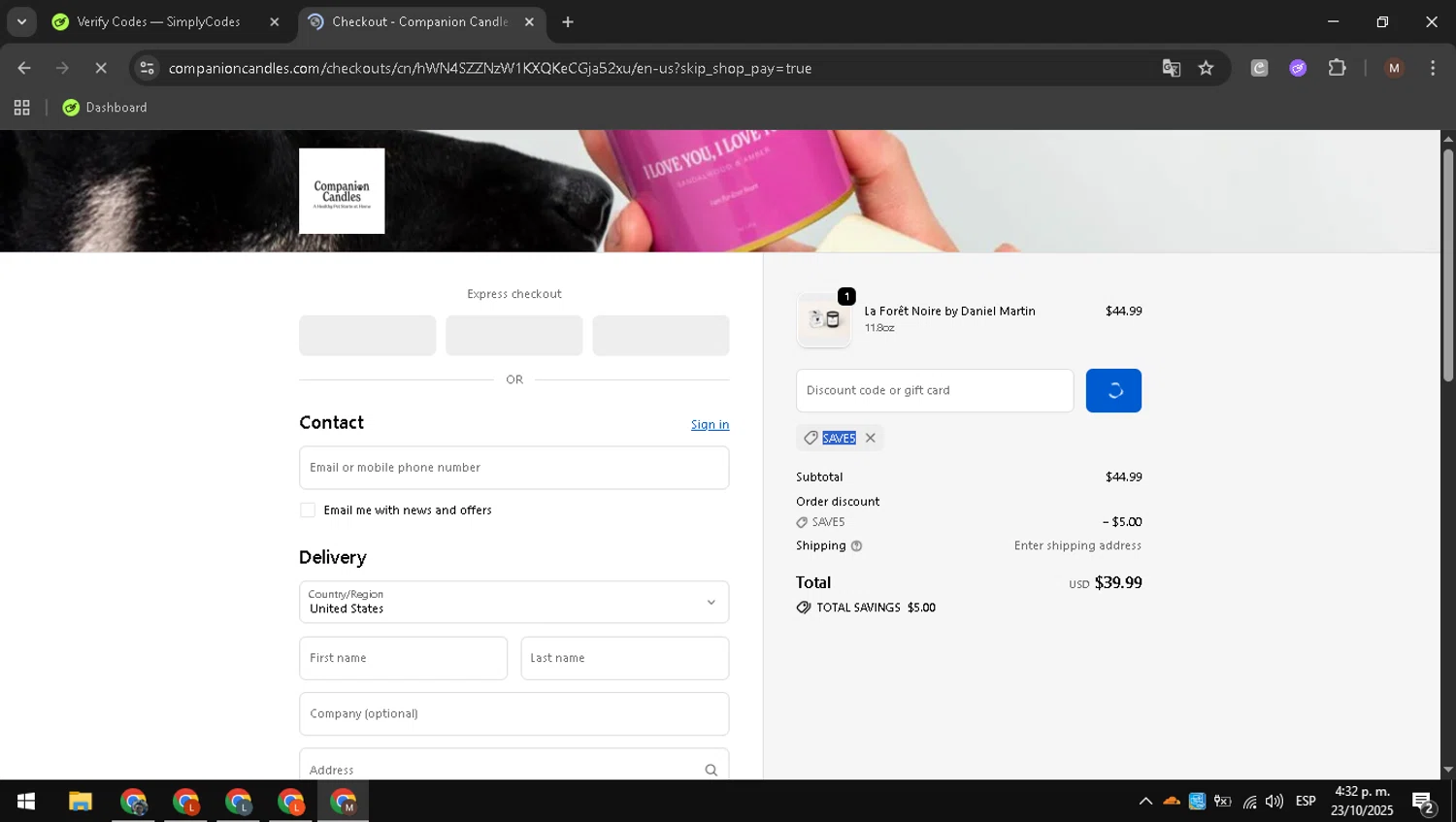 Companion Candles promo code screenshot showing code Save5 applied at Companion Candles checkout page. Uploaded by SimplyCodes community member CouponWizard2714 on Oct 23, 2025