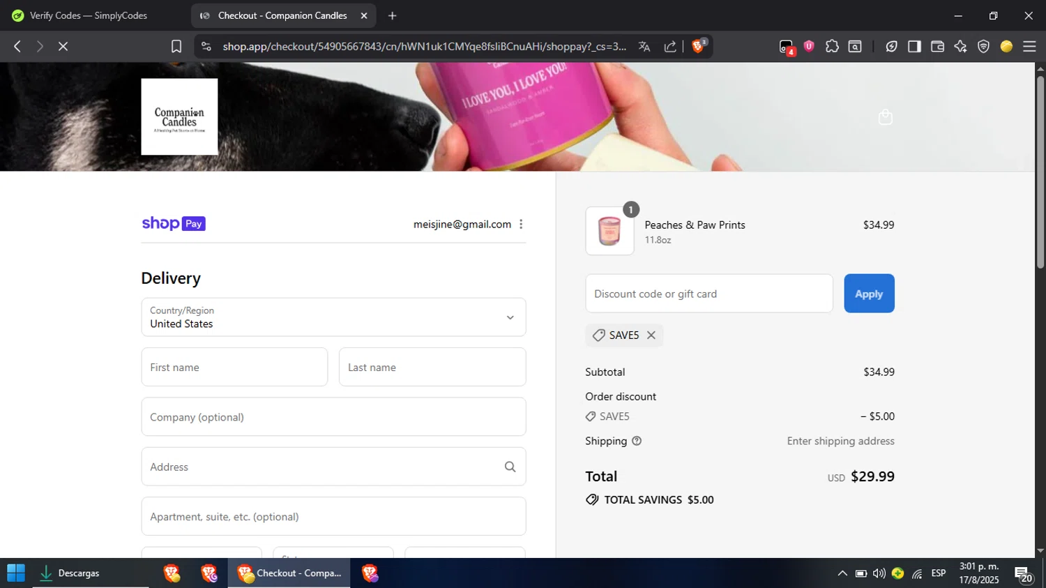 Companion Candles promo code screenshot showing code Save5 applied at Companion Candles checkout page. Uploaded by SimplyCodes community member ScanVoyager3538 on Aug 17, 2025