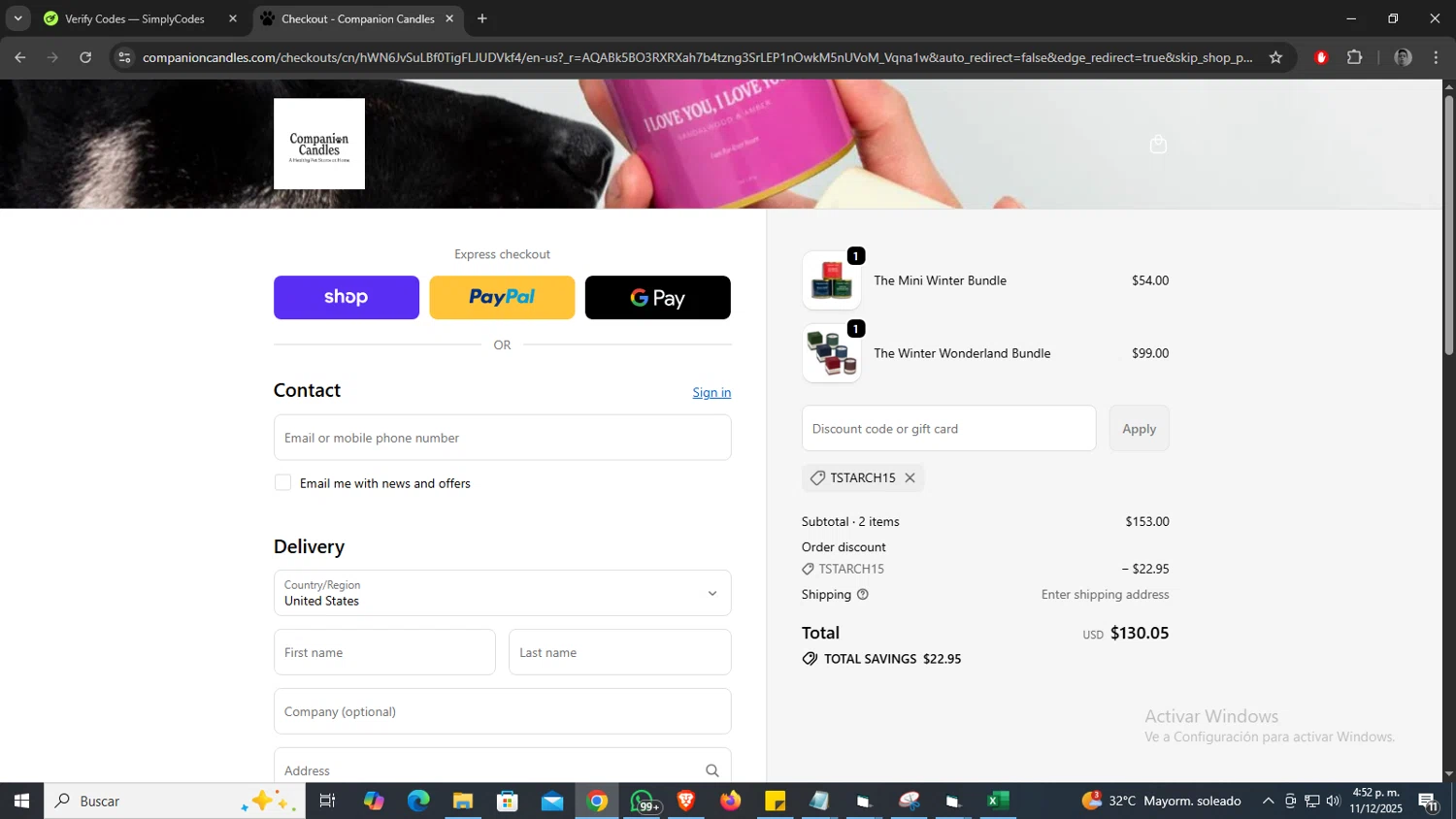 Companion Candles promo code screenshot showing code Tstarch15 applied at Companion Candles checkout page. Uploaded by SimplyCodes community member morel09 on Dec 11, 2025