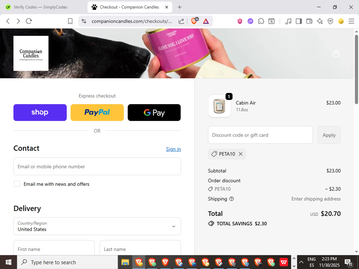 Companion Candles promo code screenshot showing code PETA10 applied at Companion Candles checkout page. Uploaded by SimplyCodes community member QuestWarden1268 on Nov 30, 2025