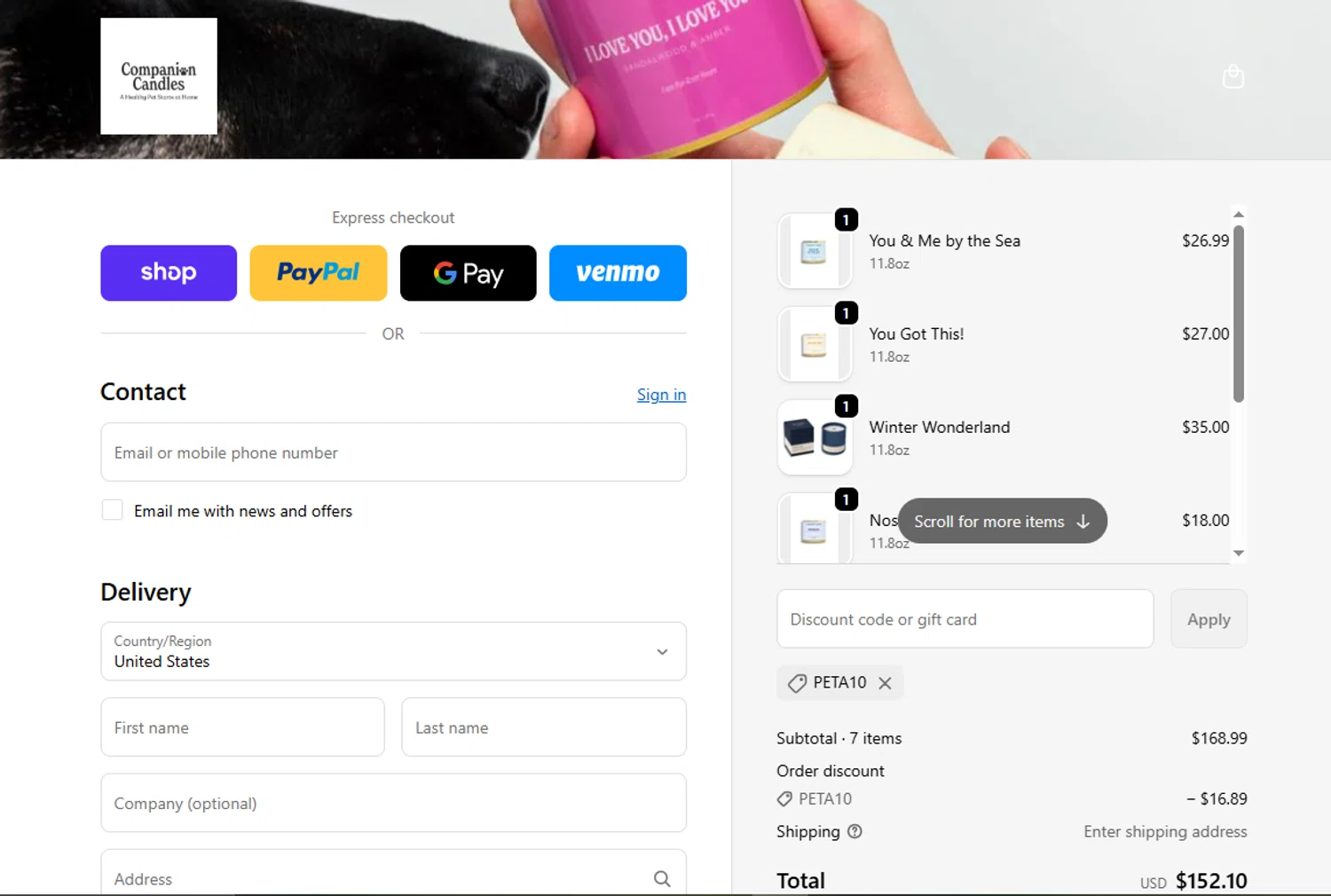 Companion Candles promo code screenshot showing code PETA10 applied at Companion Candles checkout page. Uploaded by SimplyCodes community member SavingsPhoenix2740 on Nov 21, 2025