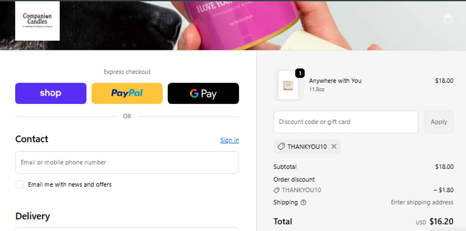 Companion Candles promo code screenshot showing code THANKYOU10 applied at Companion Candles checkout page. Uploaded by SimplyCodes community member Jhonny on Nov 21, 2025