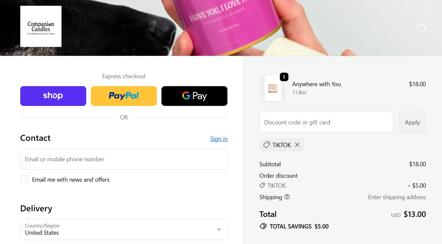 Companion Candles promo code screenshot showing code TIKTOK applied at Companion Candles checkout page. Uploaded by SimplyCodes community member antonietarodriguez96 on Nov 21, 2025