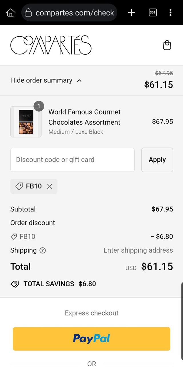 Compartes Chocolatier checkout page showing Compartes Chocolatier promo code box | Screenshot taken by SimplyCodes community member on Jun 2, 2024