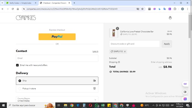 Compartes Chocolatier checkout page showing Compartes Chocolatier promo code box | Screenshot taken by SimplyCodes community member on Jul 9, 2024