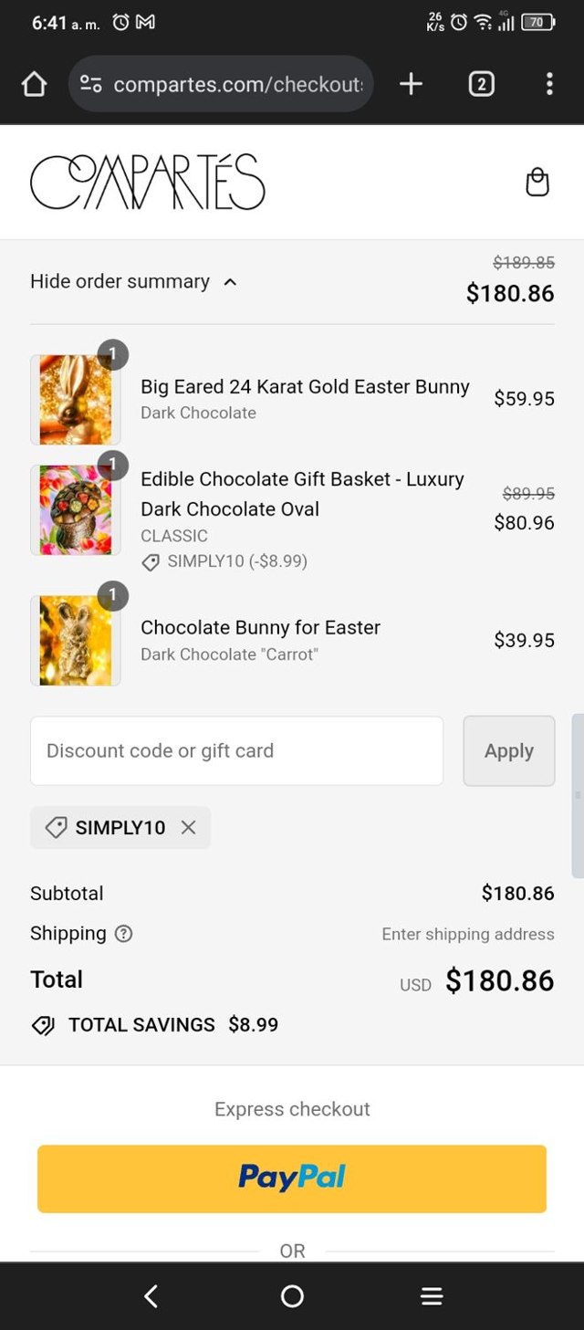 Compartes Chocolatier checkout page showing Compartes Chocolatier promo code box | Screenshot taken by SimplyCodes community member on Feb 28, 2024