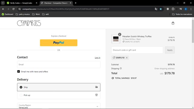 Compartes Chocolatier checkout page showing Compartes Chocolatier promo code box | Screenshot taken by SimplyCodes community member on Jun 2, 2024