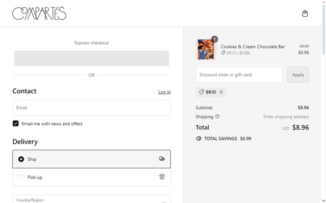 Compartes Chocolatier checkout page showing Compartes Chocolatier promo code box | Screenshot taken by SimplyCodes community member on Jun 2, 2024