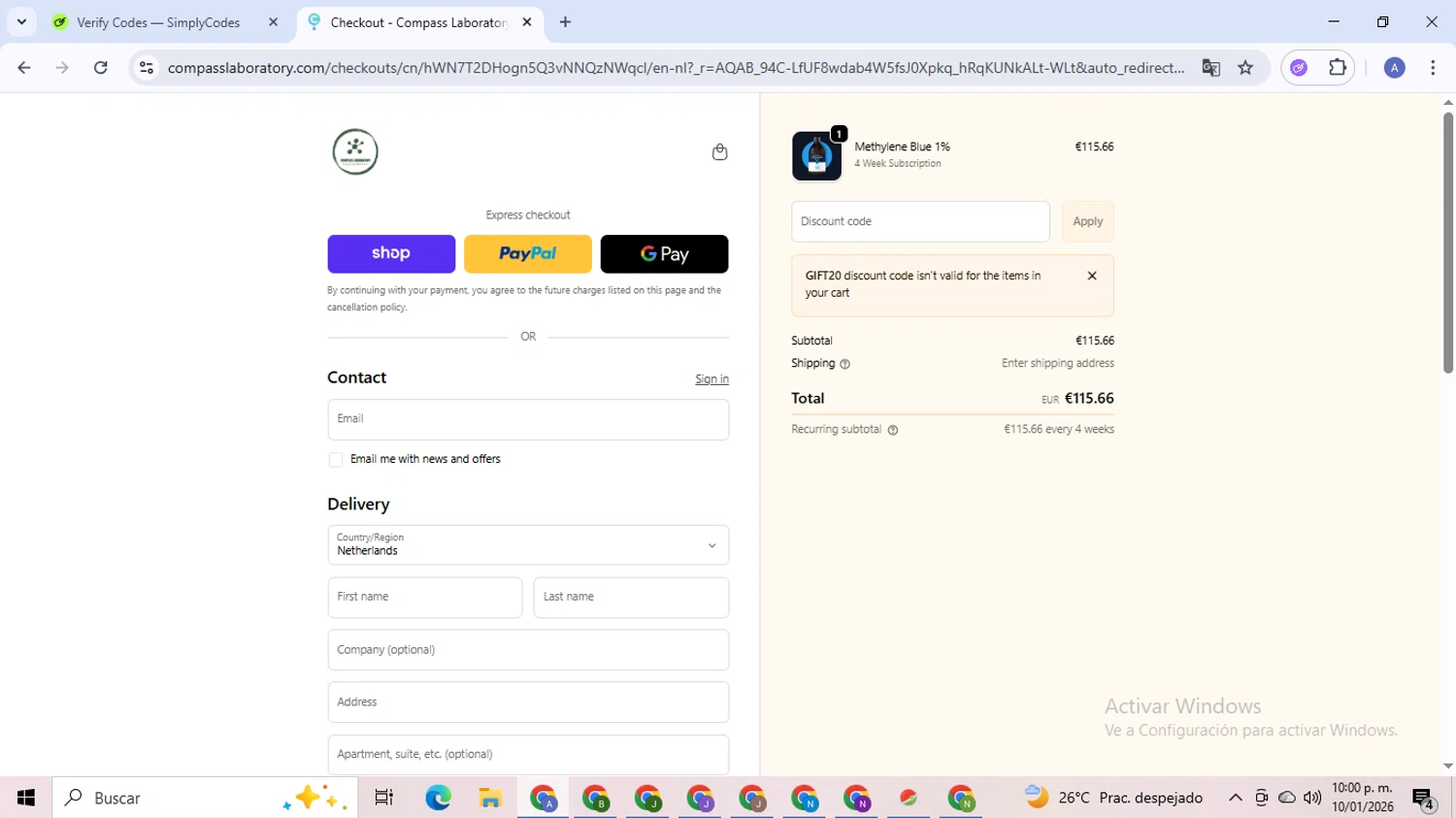 Compass Laboratory promo code screenshot showing code gift20 applied at Compass Laboratory checkout page. Uploaded by SimplyCodes community member TreasureCaptain5531 on Jan 11, 2026