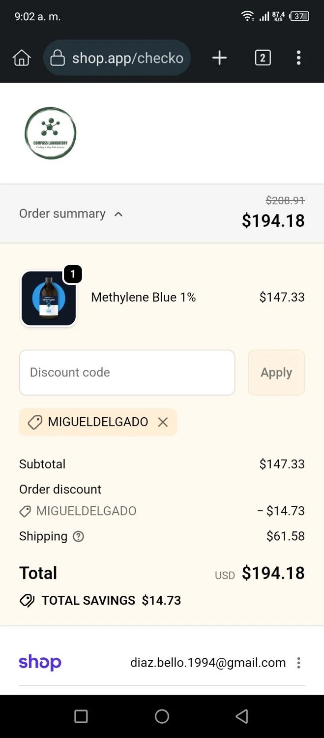 Compass Laboratory promo code screenshot showing code MIGUELDELGADO applied at Compass Laboratory checkout page. Uploaded by SimplyCodes community member AnthonyGuapeton94 on Jan 30, 2026