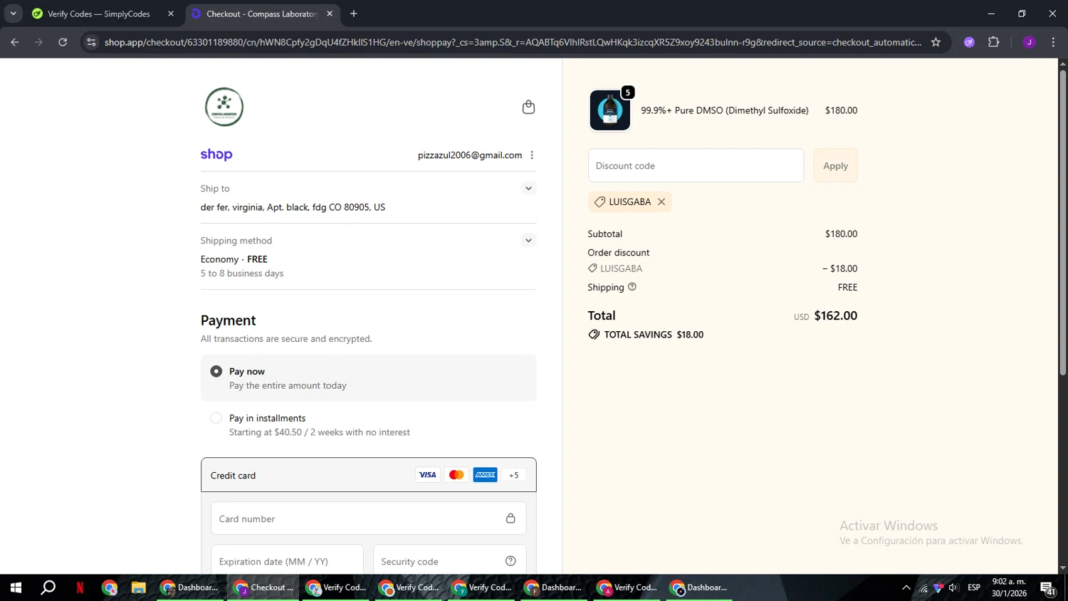 Compass Laboratory promo code screenshot showing code LUISGABA applied at Compass Laboratory checkout page. Uploaded by SimplyCodes community member ComeBurra123 on Jan 30, 2026
