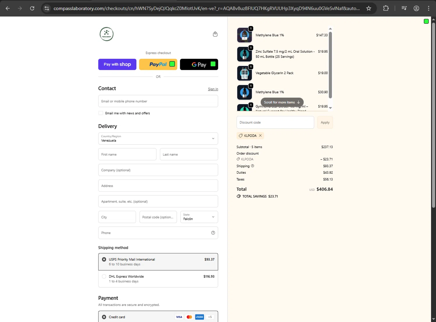Compass Laboratory promo code screenshot showing code KLPODA applied at Compass Laboratory checkout page. Uploaded by SimplyCodes community member luffyreturn on Jan 11, 2026