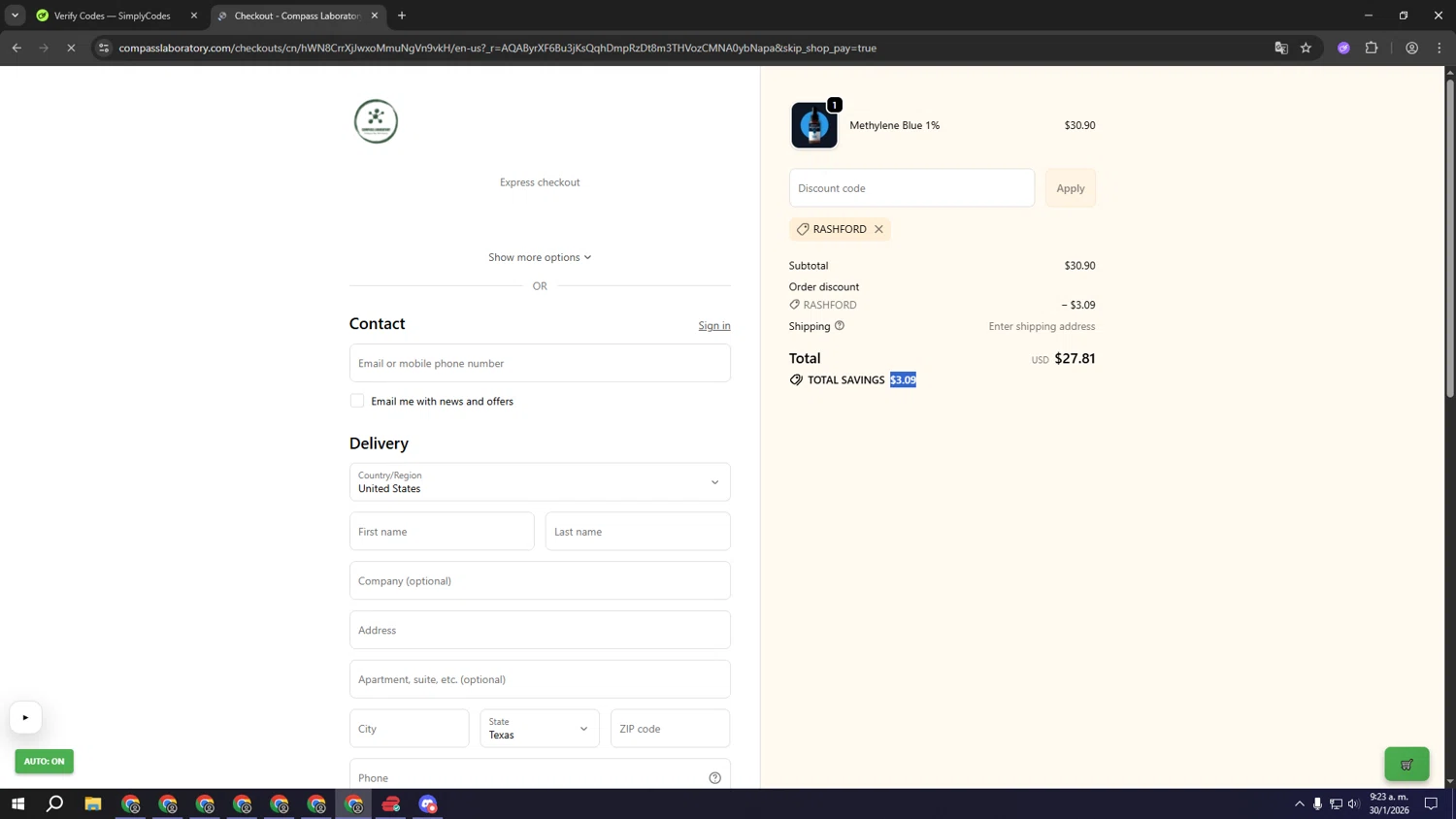 Compass Laboratory promo code screenshot showing code RASHFORD applied at Compass Laboratory checkout page. Uploaded by SimplyCodes community member wwwwwwwwwwwwwww on Jan 30, 2026