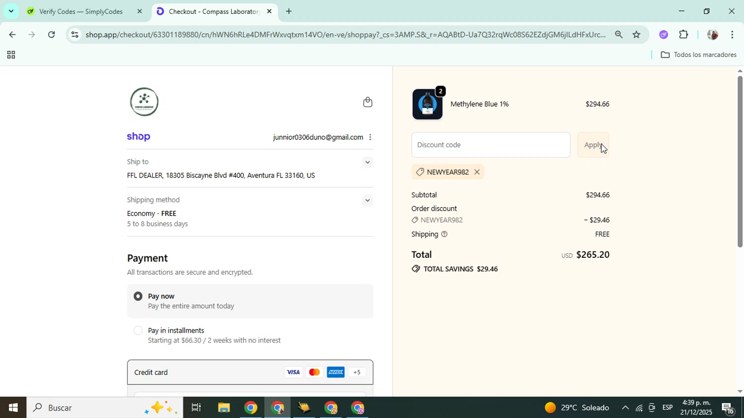 Compass Laboratory promo code screenshot showing code NEWYEAR982 applied at Compass Laboratory checkout page. Uploaded by SimplyCodes community member Mujerdejunnior on Dec 21, 2025