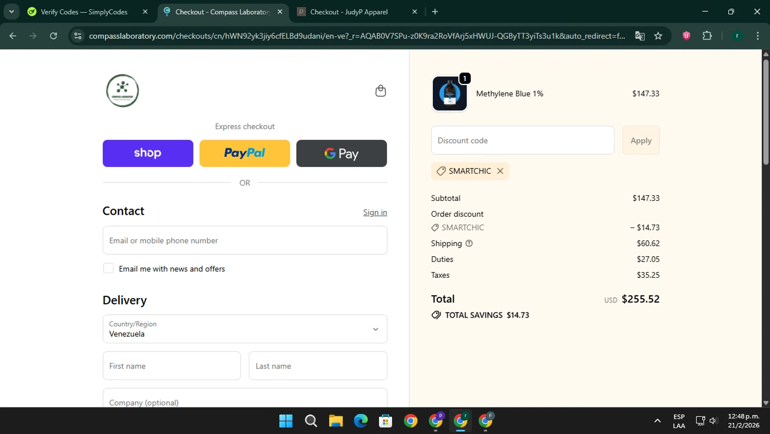 Compass Laboratory promo code screenshot showing code SMARTCHIC applied at Compass Laboratory checkout page. Uploaded by SimplyCodes community member rodri1 on Feb 21, 2026