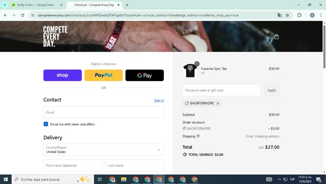 Compete Every Day checkout page showing Compete Every Day promo code box | Screenshot taken by SimplyCodes community member on Sep 13, 2025