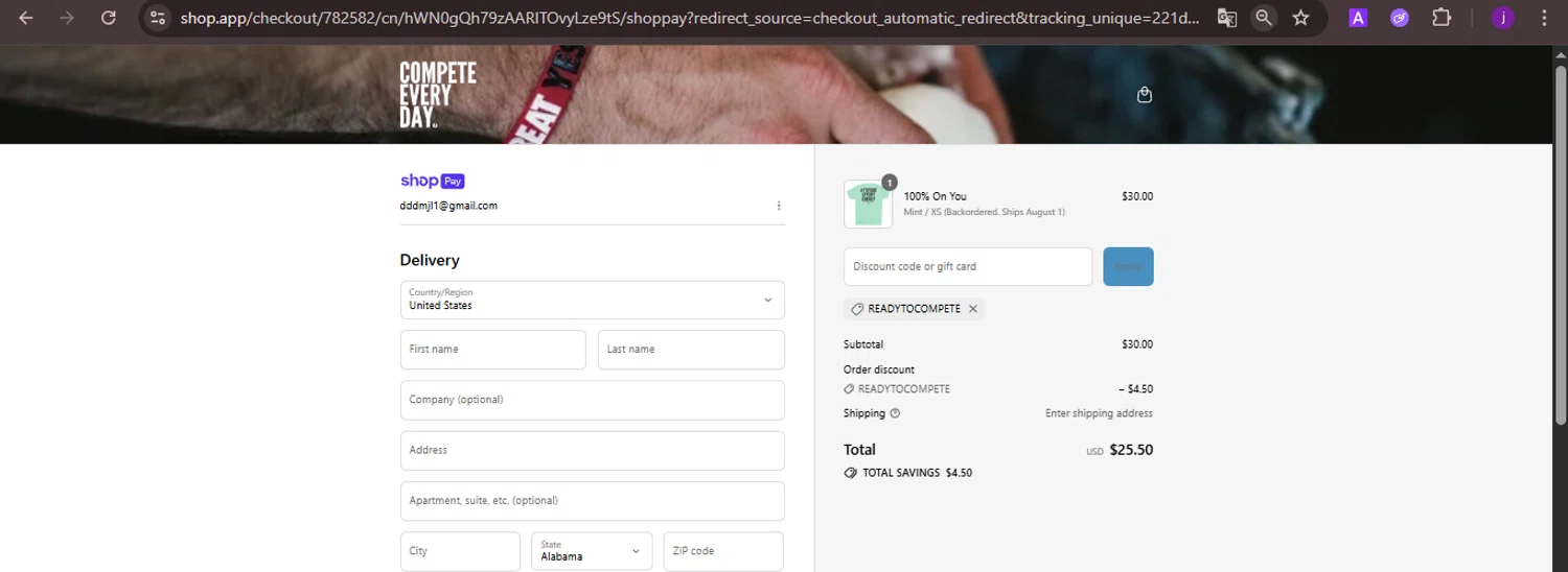 Compete Every Day promo code screenshot showing code READYTOCOMPETE applied at Compete Every Day checkout page. Uploaded by SimplyCodes community member CoinMaverick1452 on Jul 16, 2025