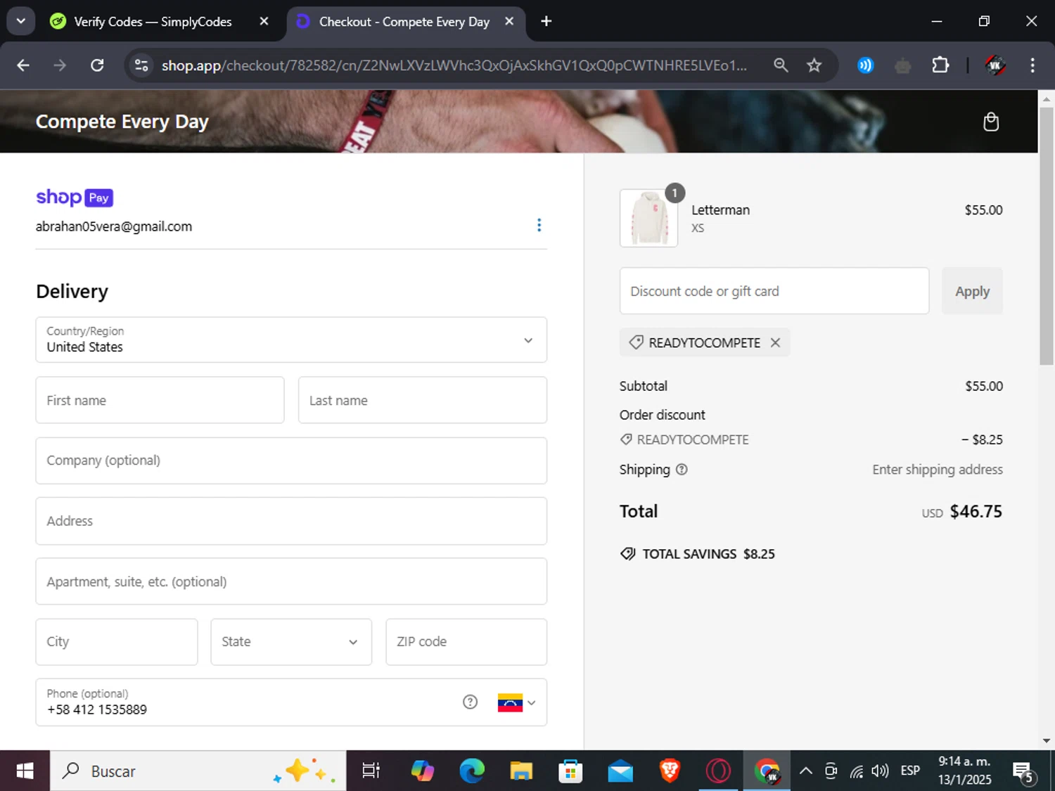 Compete Every Day promo code screenshot showing code READYTOCOMPETE applied at Compete Every Day checkout page. Uploaded by SimplyCodes community member TreasureAdmiral6867 on Jan 13, 2025