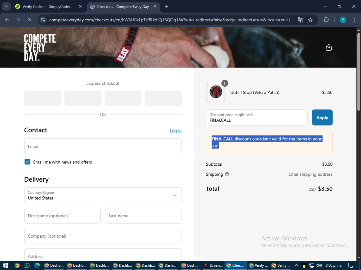 Compete Every Day promo code screenshot showing code FINALCALL applied at Compete Every Day checkout page. Uploaded by SimplyCodes community member RoyalEagle4794 on Jul 25, 2025