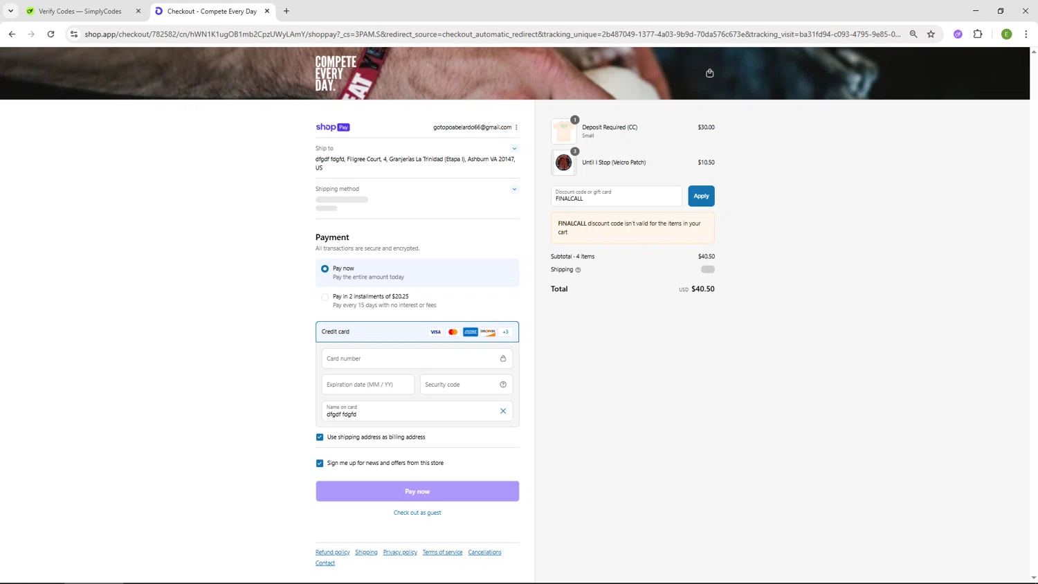Compete Every Day promo code screenshot showing code FINALCALL applied at Compete Every Day checkout page. Uploaded by SimplyCodes community member SUZUKIV on Aug 2, 2025
