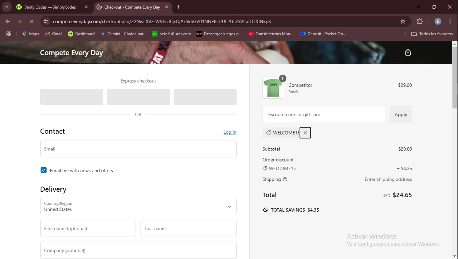 Compete Every Day promo code screenshot showing code WELCOME15 applied at Compete Every Day checkout page. Uploaded by SimplyCodes community member Esteban on Jan 13, 2025