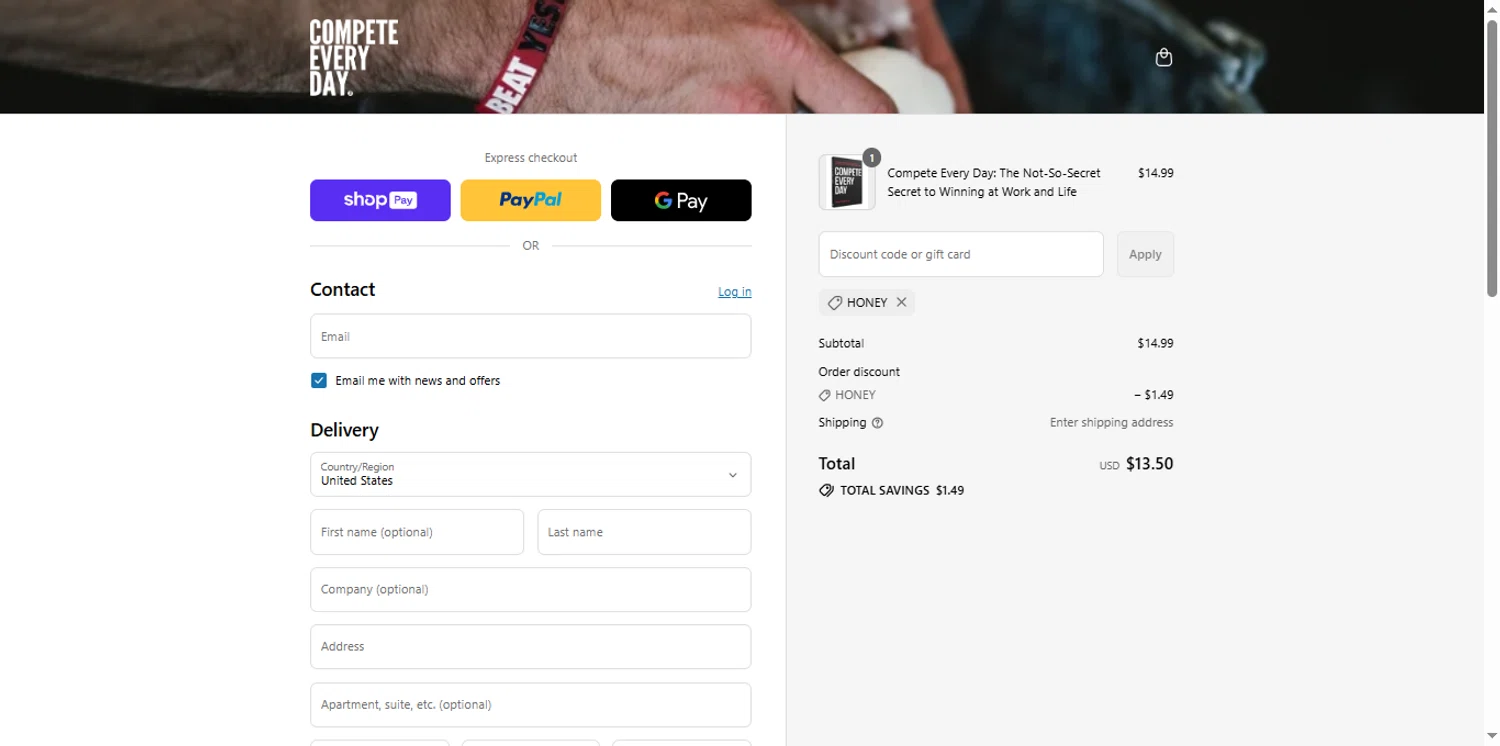 Compete Every Day promo code screenshot showing code HONEY applied at Compete Every Day checkout page. Uploaded by SimplyCodes community member renegul on Aug 14, 2025