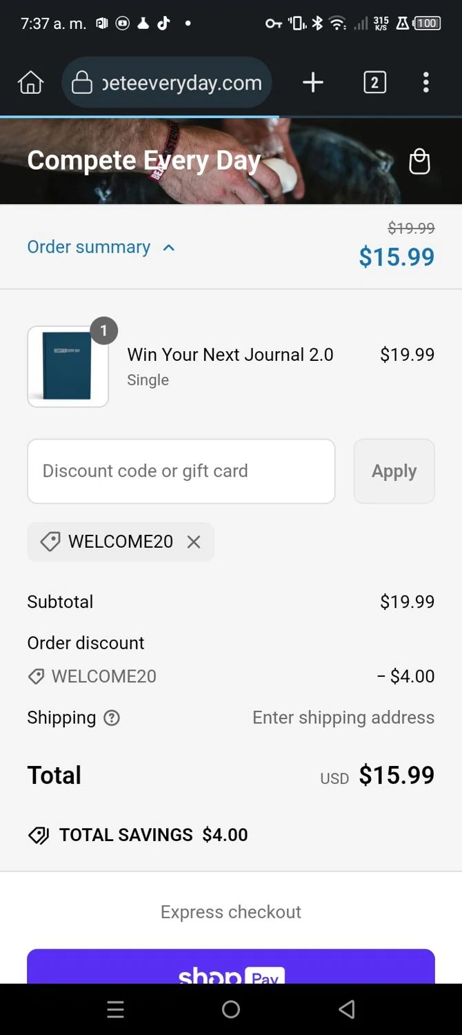 Compete Every Day promo code screenshot showing code WELCOME20 applied at Compete Every Day checkout page. Uploaded by SimplyCodes community member Frankcuenca on Mar 9, 2025