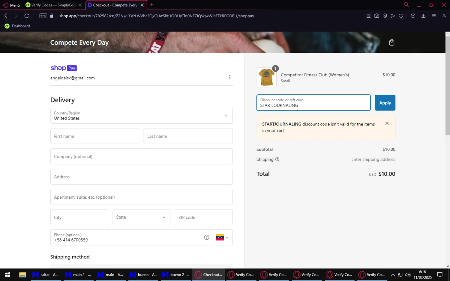 Compete Every Day promo code screenshot showing code STARTJOURNALING applied at Compete Every Day checkout page. Uploaded by SimplyCodes community member LuckyVirtuoso1831 on Feb 11, 2025