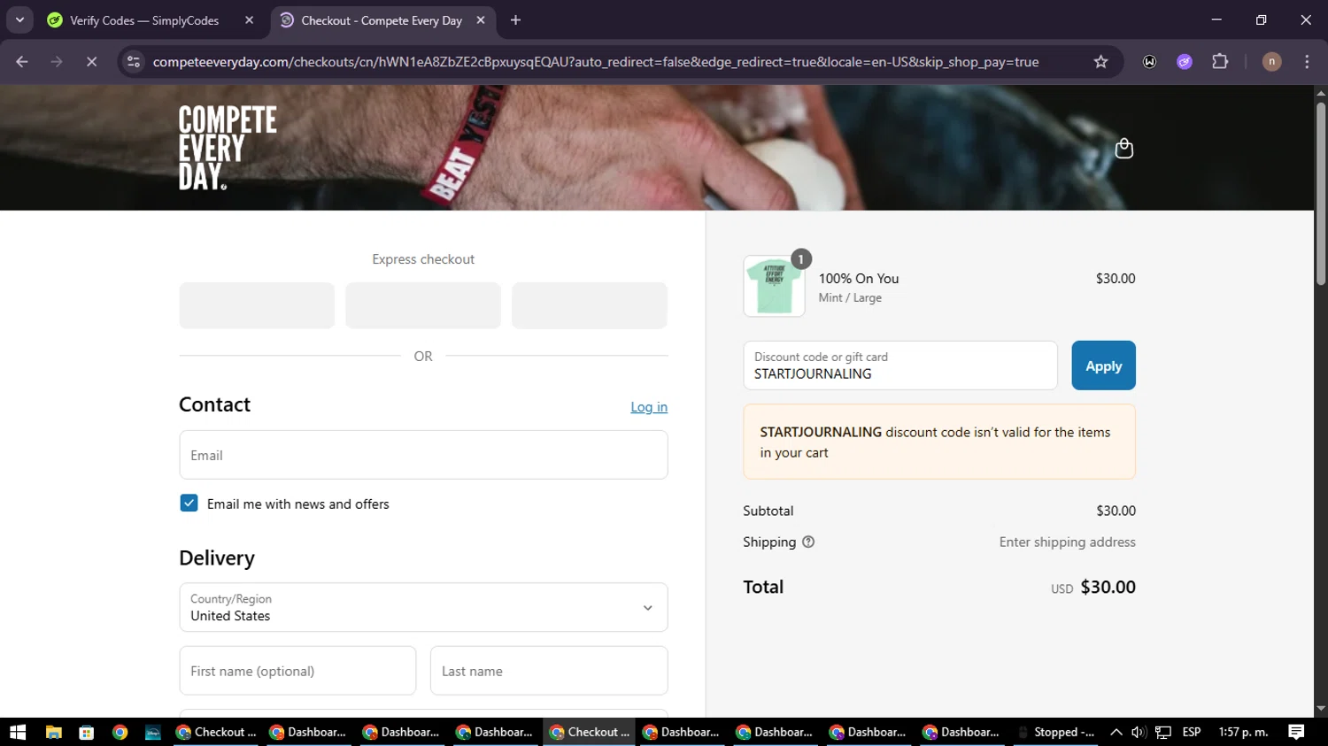 Compete Every Day promo code screenshot showing code STARTJOURNALING applied at Compete Every Day checkout page. Uploaded by SimplyCodes community member SmartWarden8713 on Aug 10, 2025