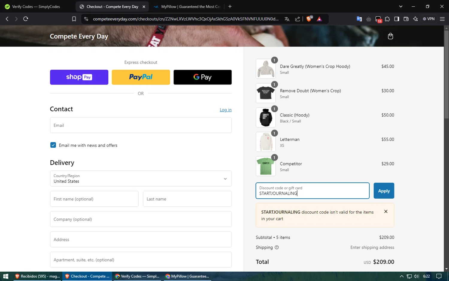 Compete Every Day promo code screenshot showing code STARTJOURNALING applied at Compete Every Day checkout page. Uploaded by SimplyCodes community member Voucher200 on Jan 13, 2025