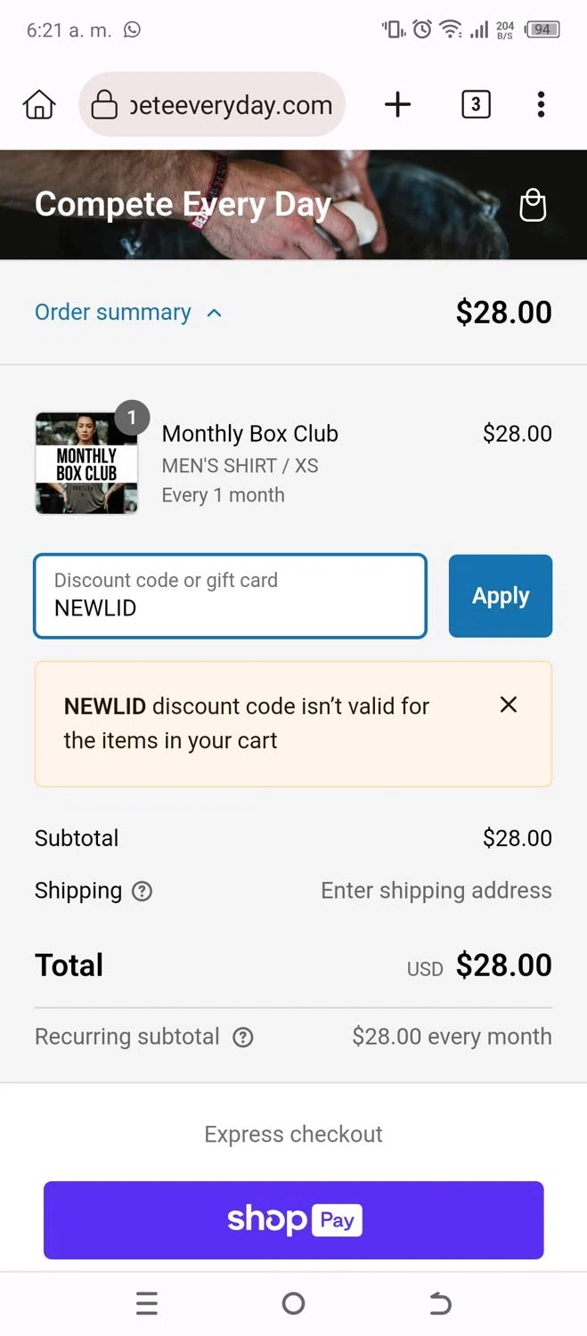 Compete Every Day promo code screenshot showing code NEWLID applied at Compete Every Day checkout page. Uploaded by SimplyCodes community member AK_CIO on Feb 11, 2025