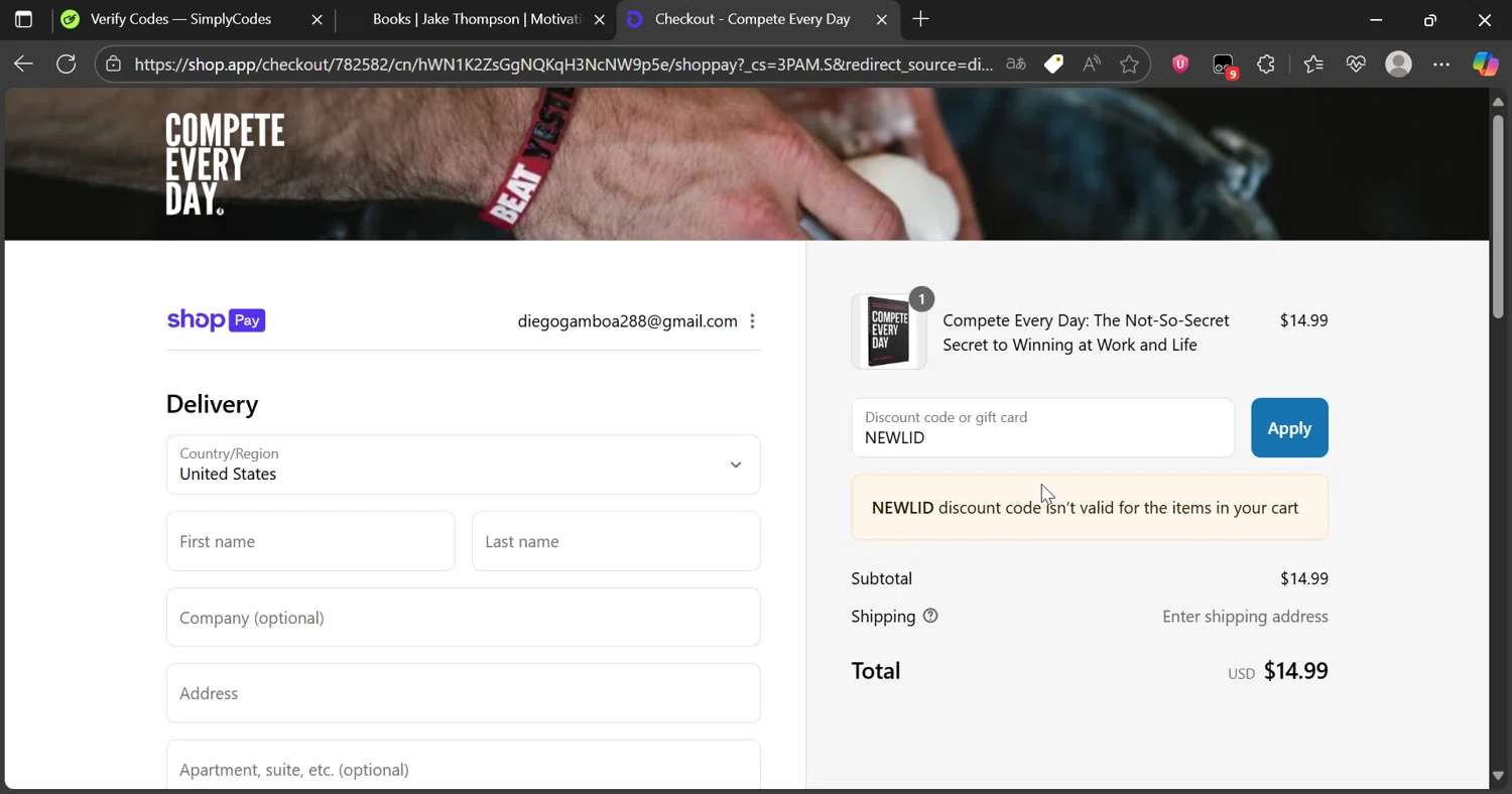 Compete Every Day promo code screenshot showing code NEWLID applied at Compete Every Day checkout page. Uploaded by SimplyCodes community member Lamine_Yamal on Aug 2, 2025